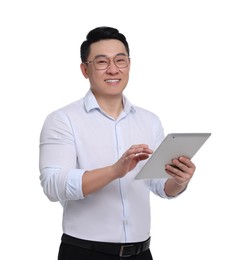 Photo of Businessman in formal clothes with tablet on white background