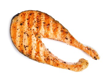 Photo of Tasty salmon steak isolated on white, top view