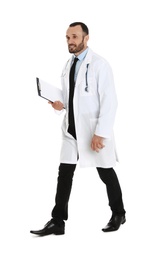 Full length portrait of male doctor with clipboard isolated on white. Medical staff