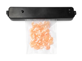 Photo of Vacuum packing sealer and plastic bag with shrimps on white background, top view