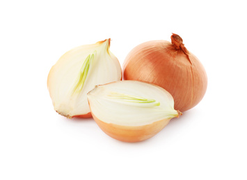 Photo of Whole and cut onion bulbs on white background