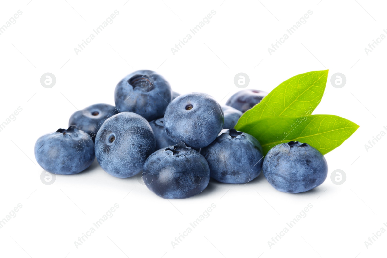 Photo of Pile of tasty fresh ripe blueberries and green leaves on white background