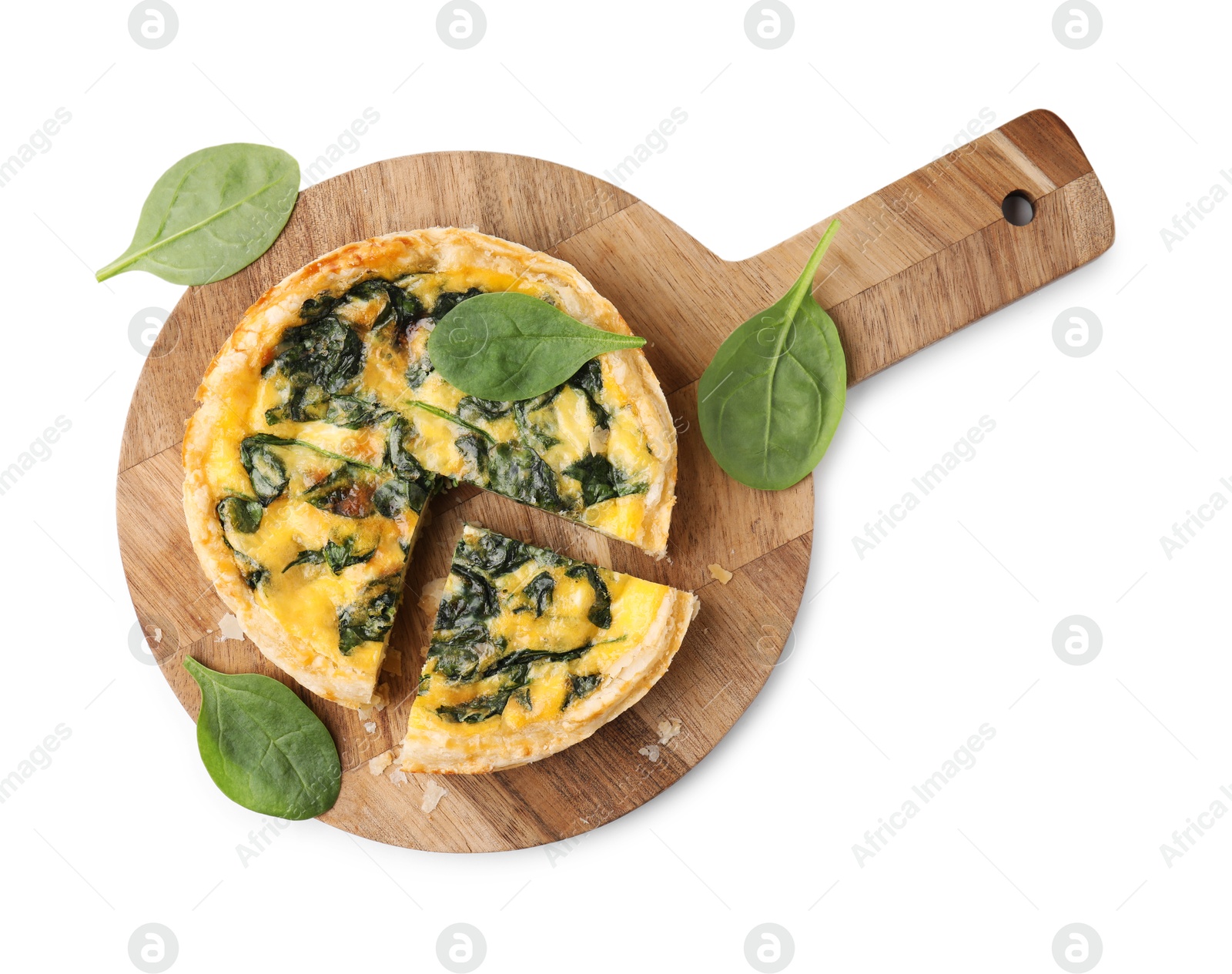 Photo of Delicious pie with spinach isolated on white, top view