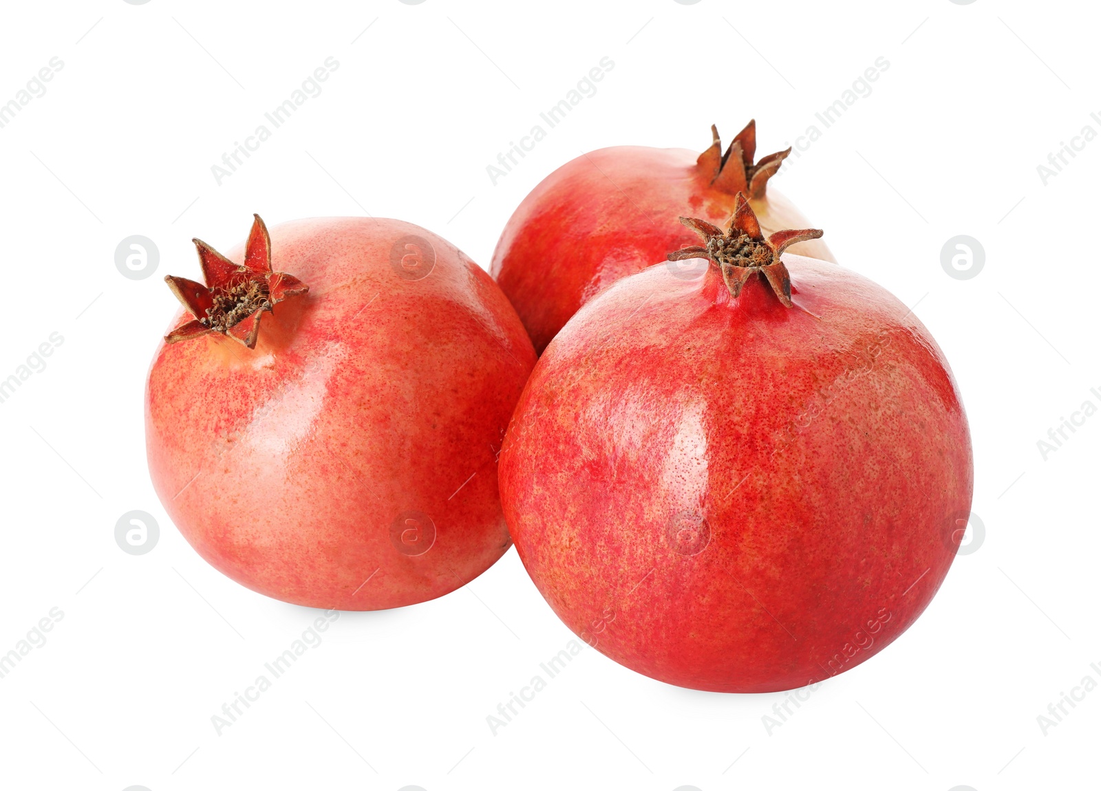 Photo of Many fresh ripe pomegranates isolated on white