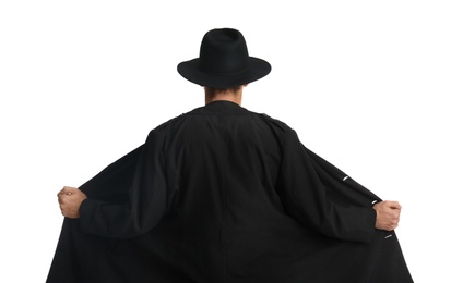 Exhibitionist exposing naked body under coat isolated on white, back view