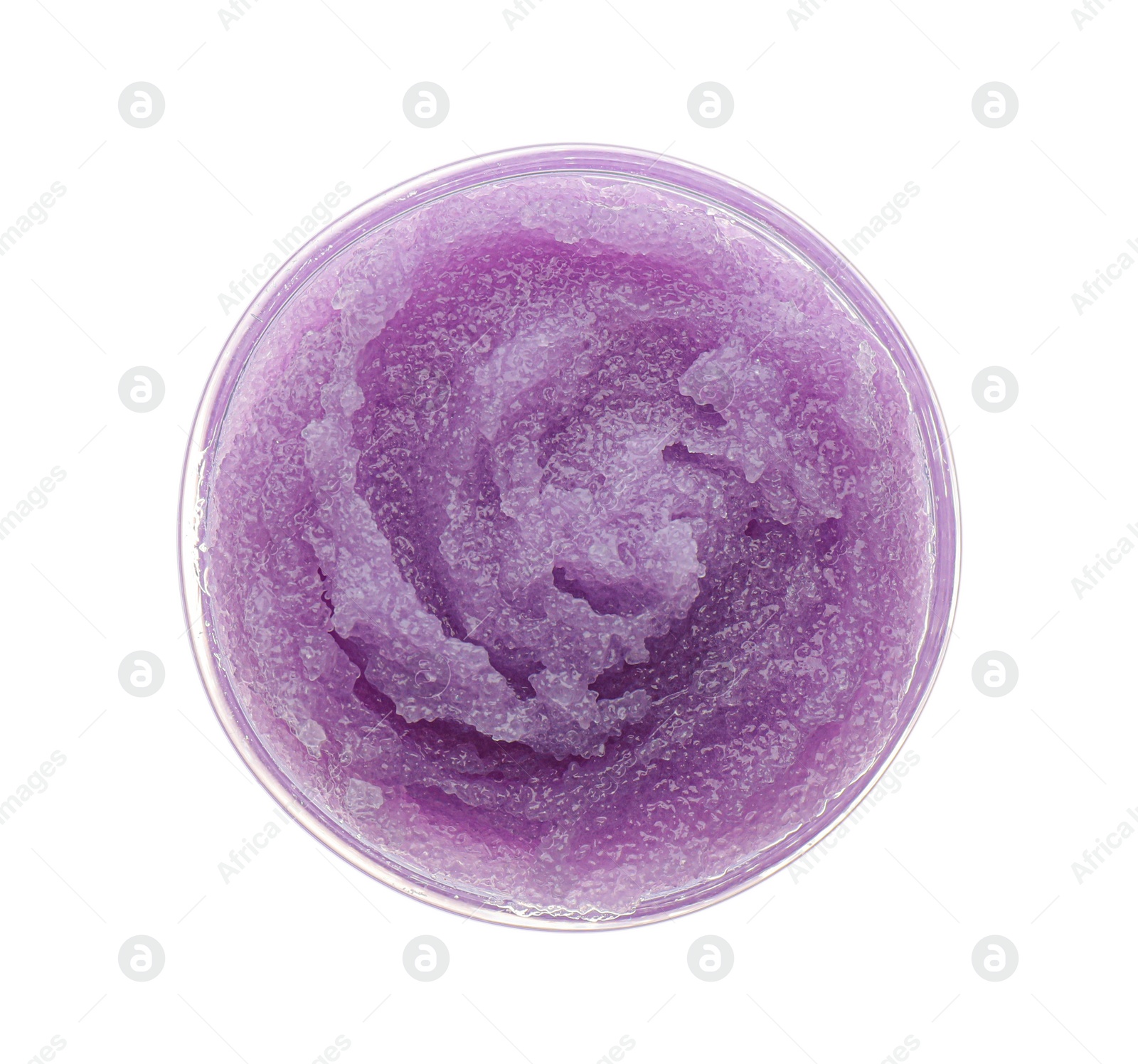 Photo of Bowl of violet body scrub isolated on white, top view