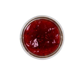 Photo of Glass jar of tasty sweet fig jam isolated on white, top view