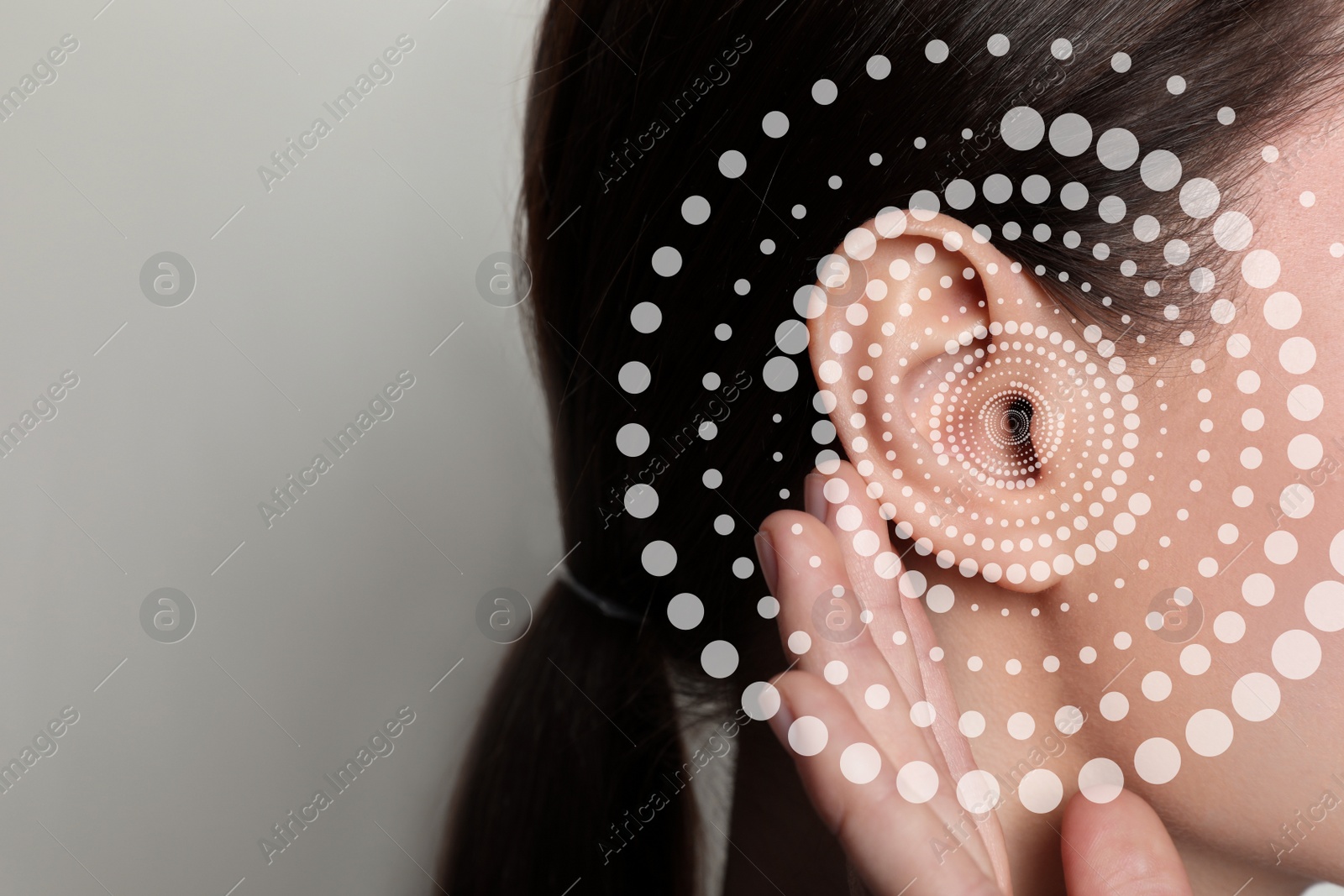 Image of Hearing loss concept. Woman and sound waves illustration on light background, closeup