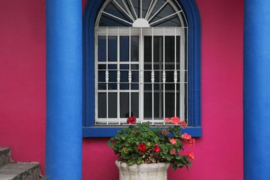 Colorful building with beautiful window and steel grilles outdoors