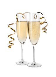 Glasses of champagne on white background. Festive drink