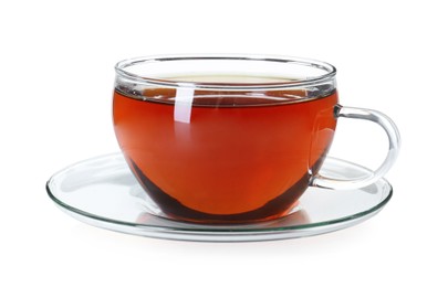 Aromatic tea in glass cup isolated on white