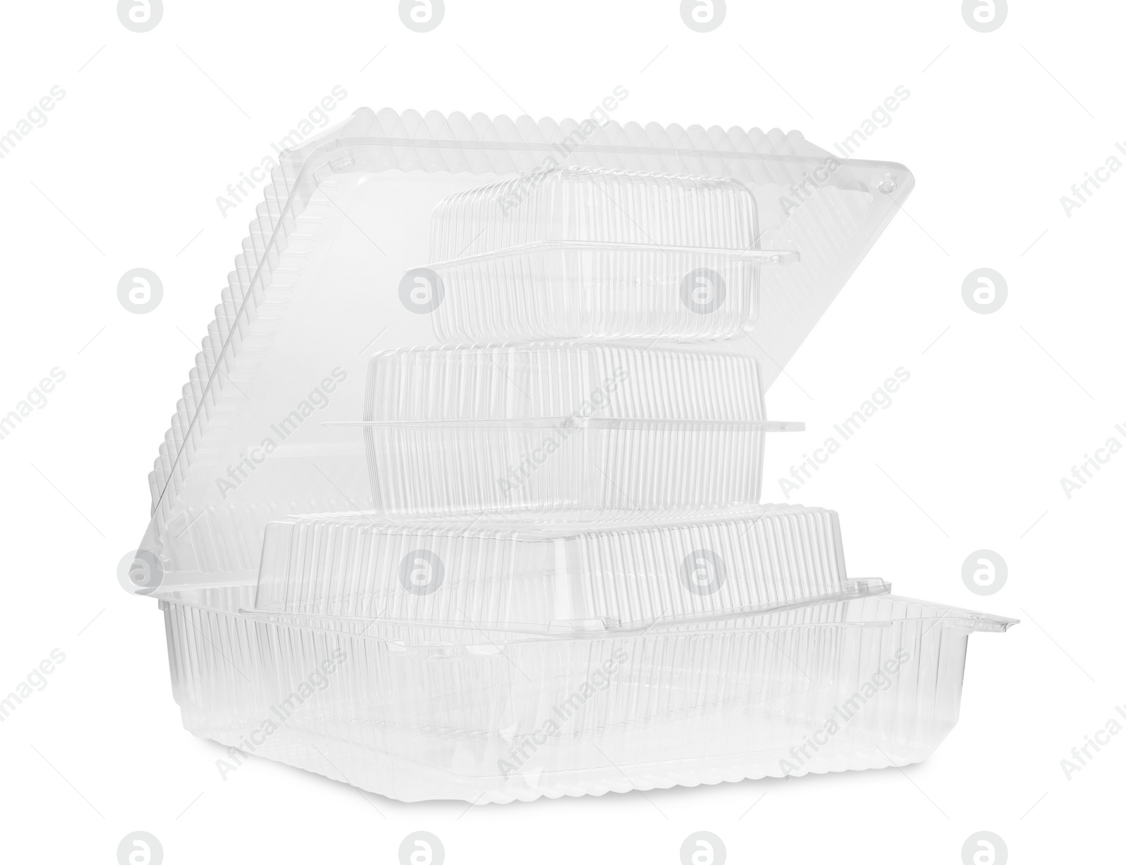 Photo of Empty plastic containers for food on white background
