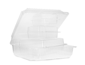 Empty plastic containers for food on white background