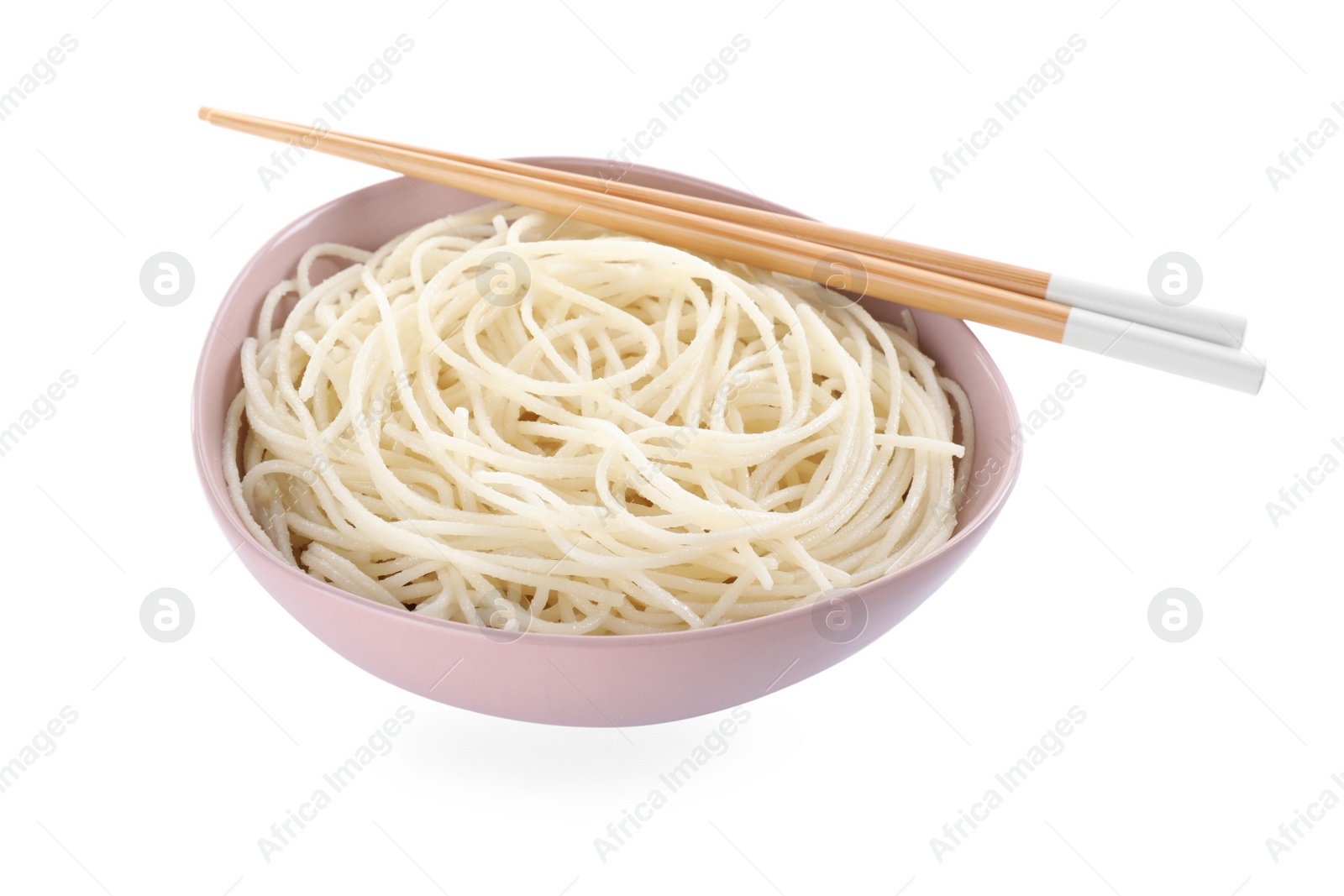 Photo of Bowl of tasty cooked rice noodles and chopsticks on white background