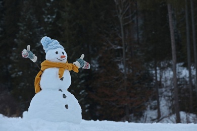 Adorable smiling snowman outdoors on winter day. Space for text