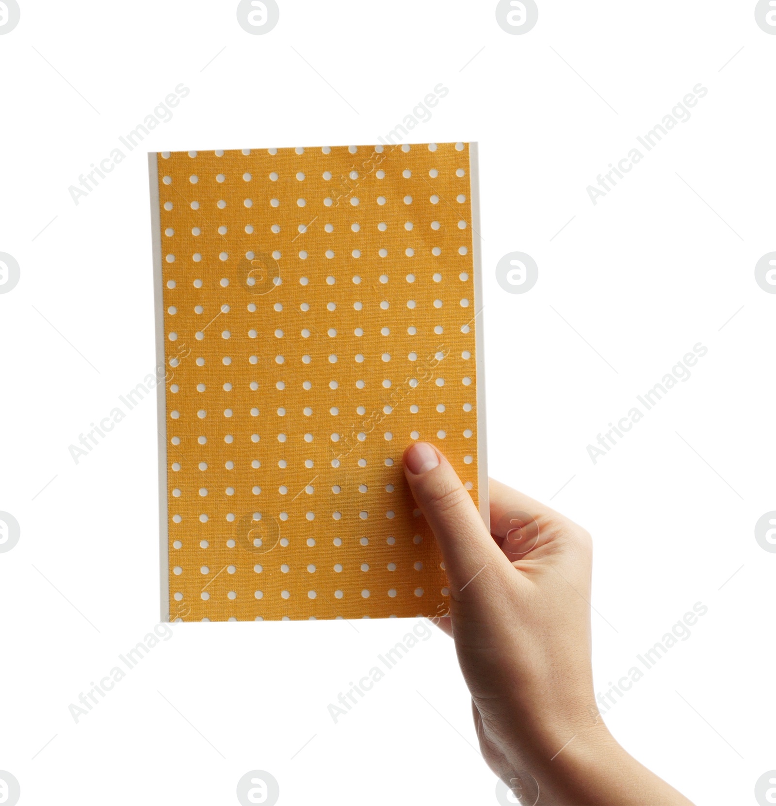 Photo of Woman holding pepper plaster on white background, closeup