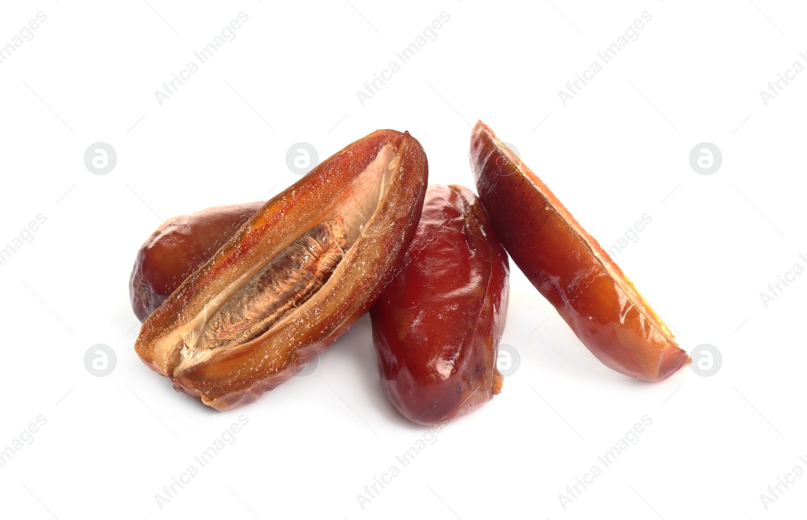 Photo of Tasty sweet dried dates on white background