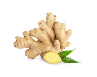 Photo of Whole and cut fresh ginger with leaves isolated on white