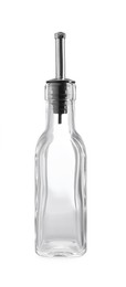 Photo of Empty glass bottle with pump for oil on white background