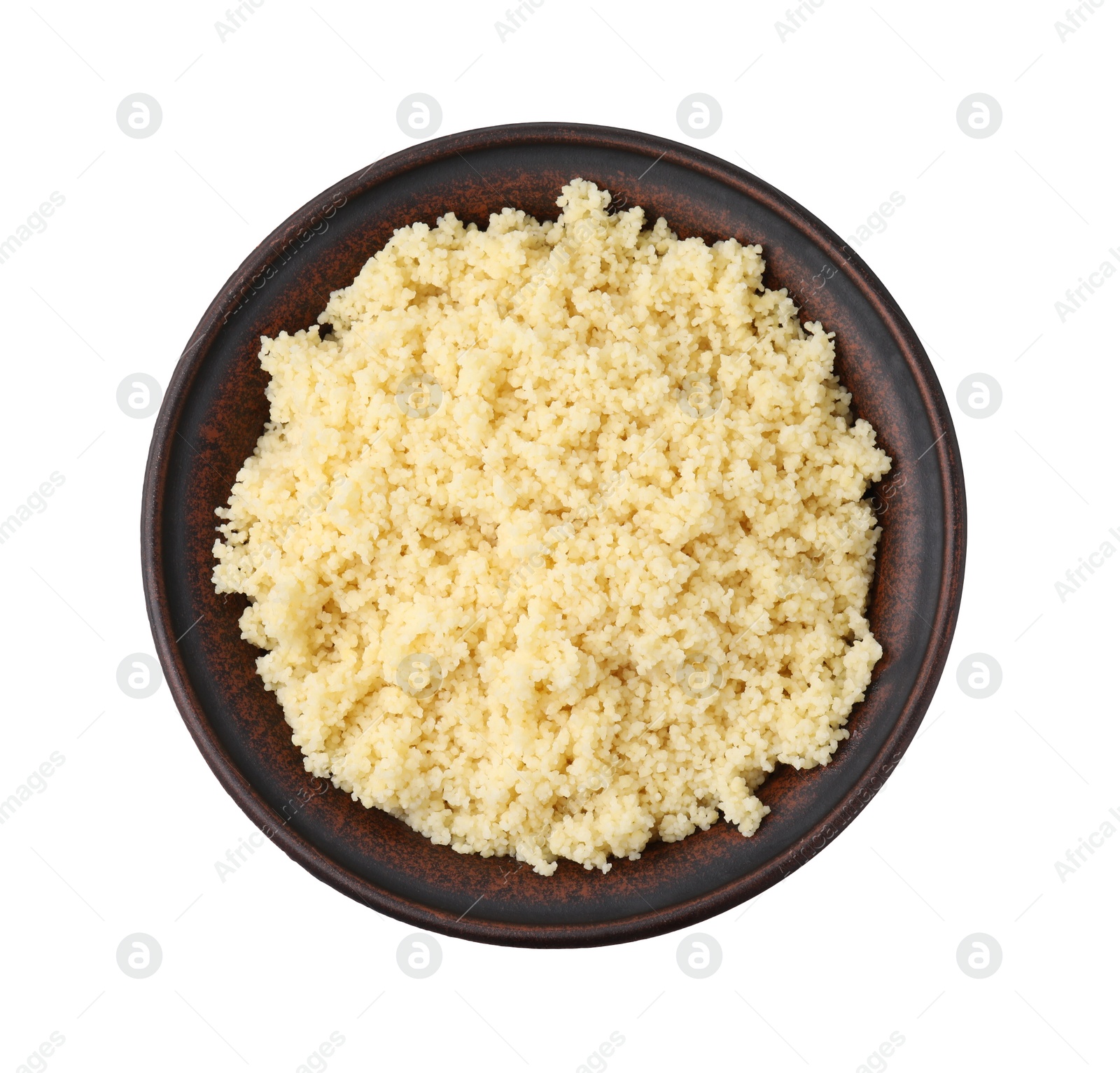 Photo of Tasty couscous in bowl isolated on white, top view