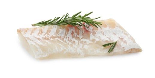 Fresh raw cod fillet with rosemary isolated on white