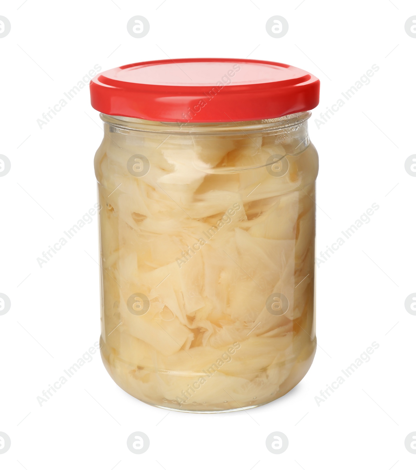 Photo of Pickled ginger in jar isolated on white