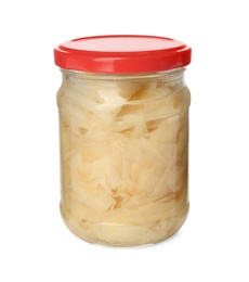 Pickled ginger in jar isolated on white