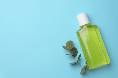 Photo of Fresh mouthwash in bottle and eucalyptus branch on light blue background, top view. Space for text