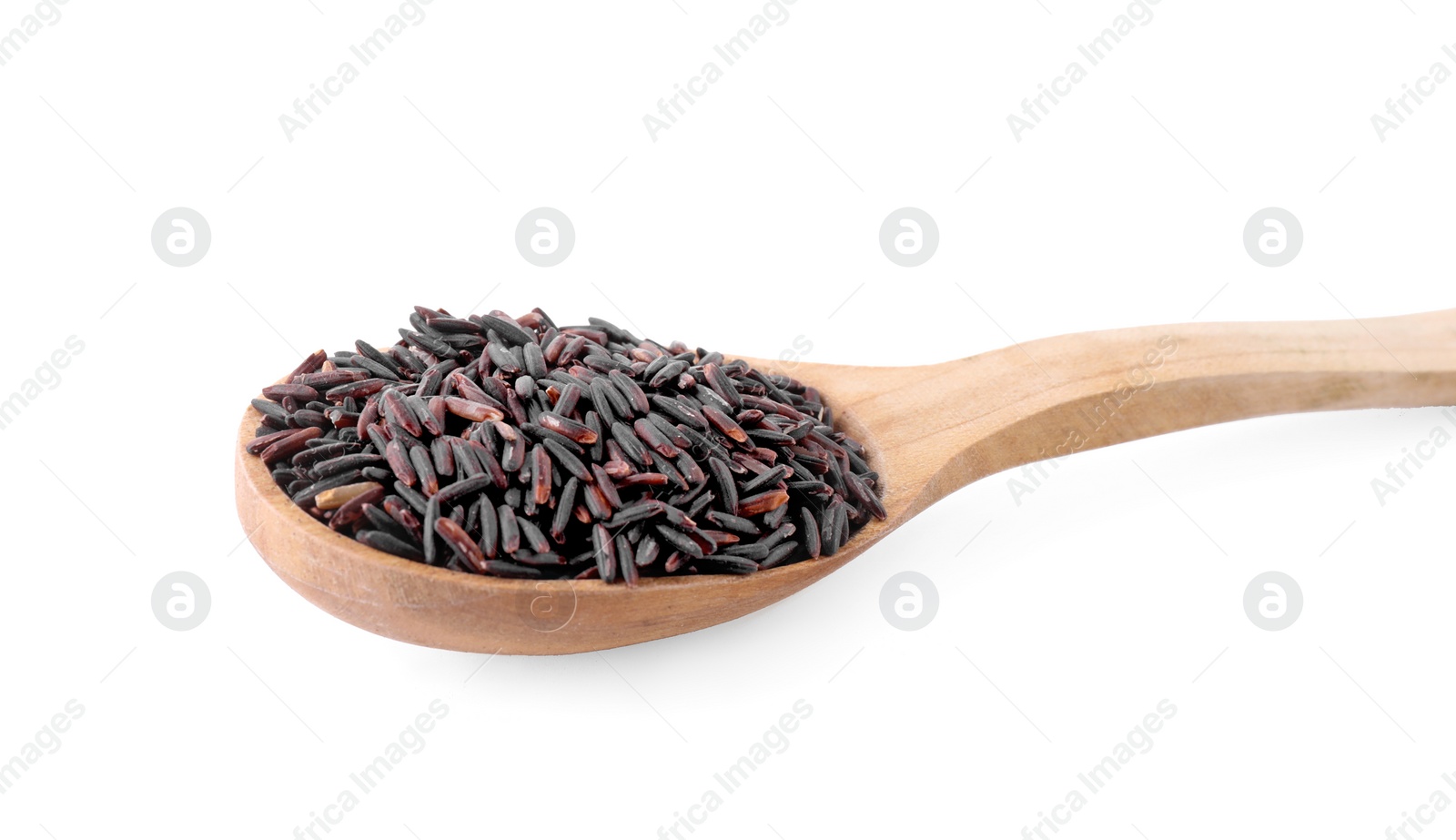 Photo of Brown rice in wooden spoon isolated on white