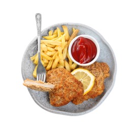 Photo of Plate of tasty schnitzels with french fries, ketchup and lemon isolated on white, top view