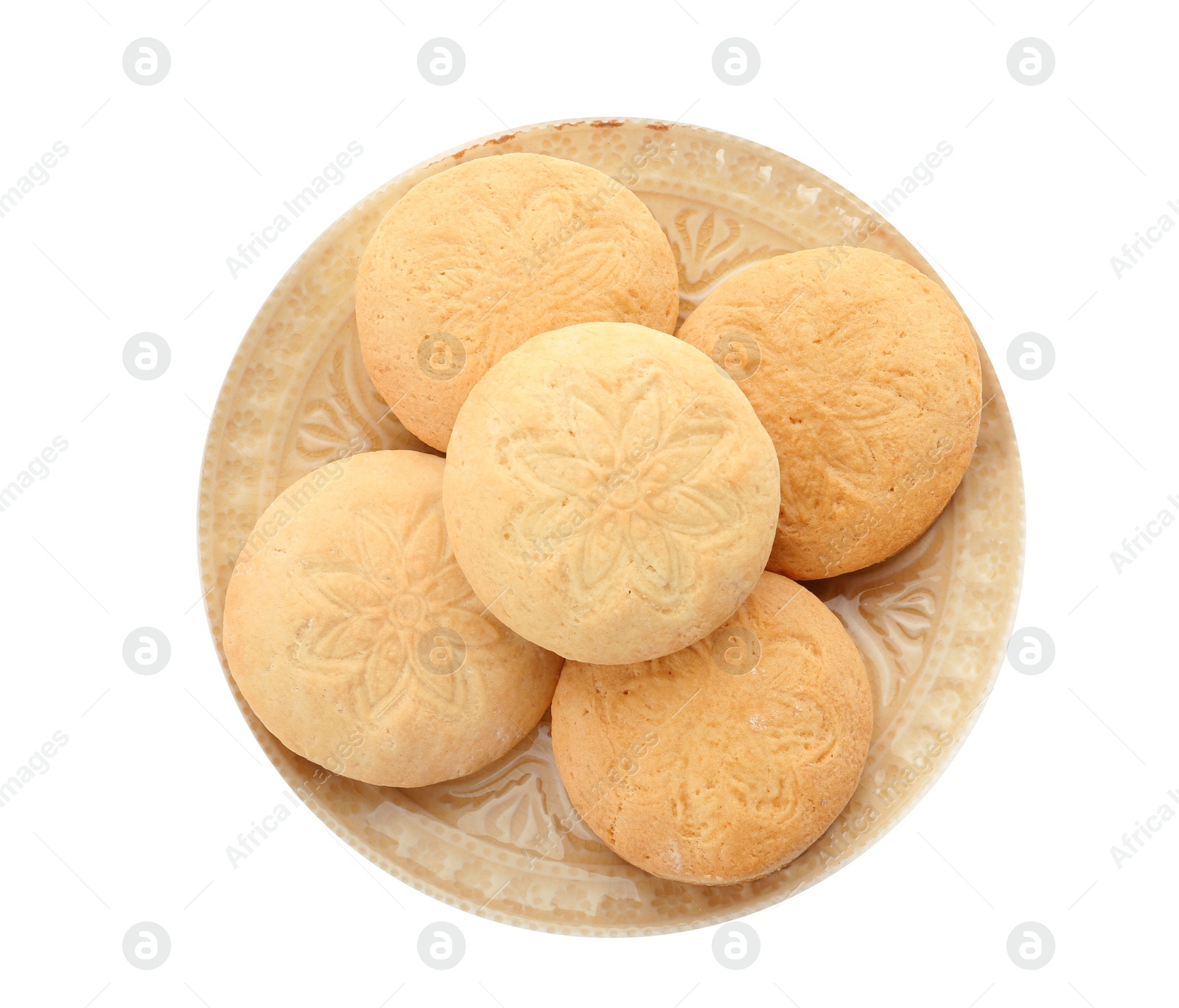 Photo of Plate with cookies for Islamic holidays isolated on white, top view. Eid Mubarak