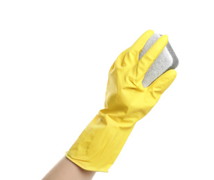 Photo of Person in rubber glove with sponge on white background, closeup of hand