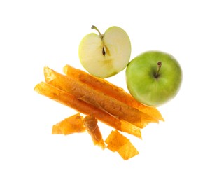 Photo of Delicious fruit leather rolls and apples on white background, top view