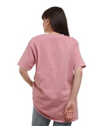 Photo of Woman in stylish pink t-shirt on white background, back view