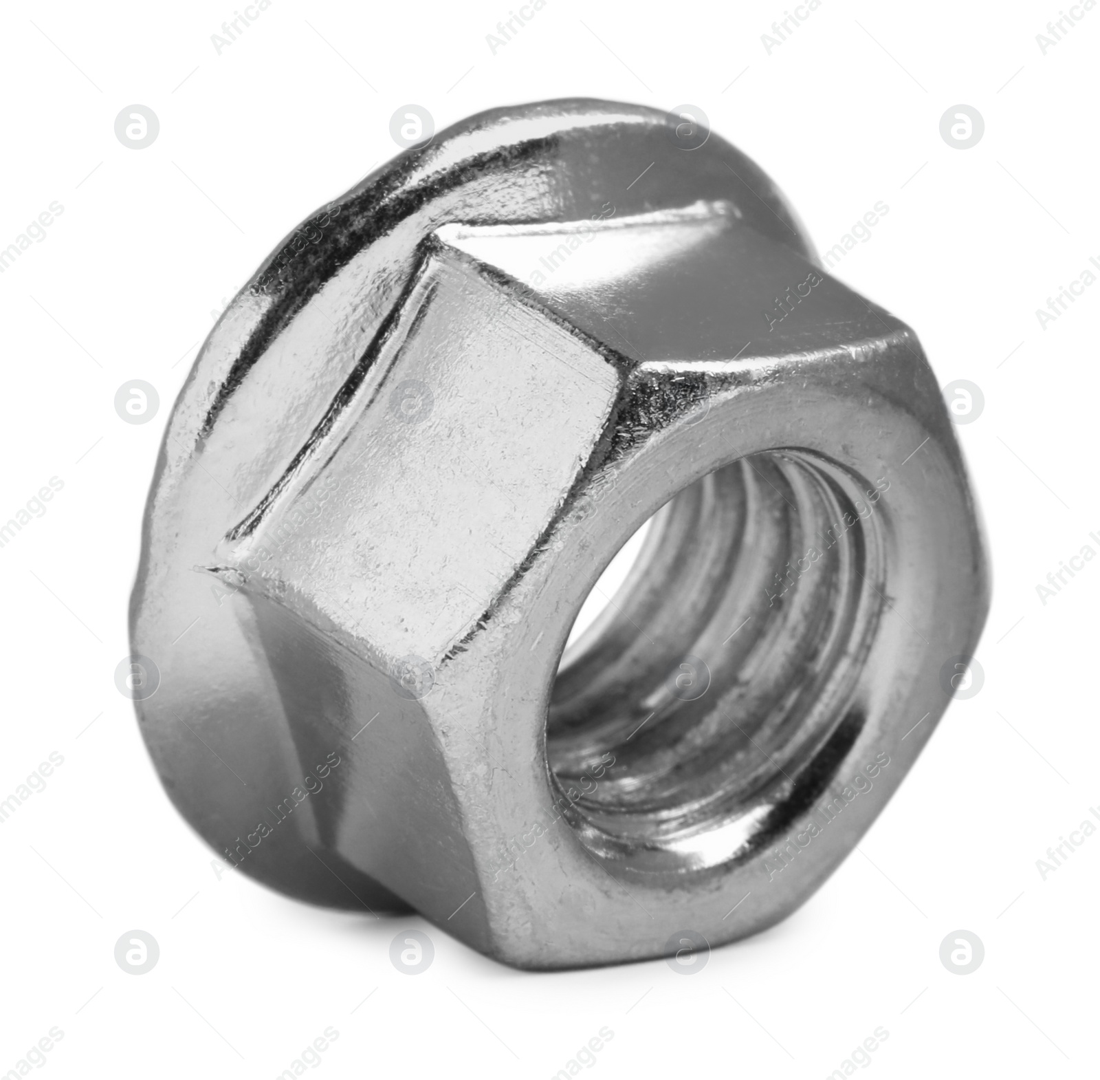 Photo of One metal flange nut on white background