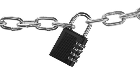 Steel combination padlock and chain isolated on white