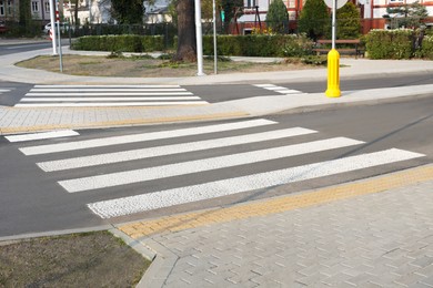 Photo of Asphalt road with pedestrian crossing on city street