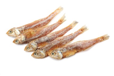 Photo of Delicious dried salted anchovies on white background