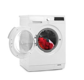 Modern washing machine with laundry on white background