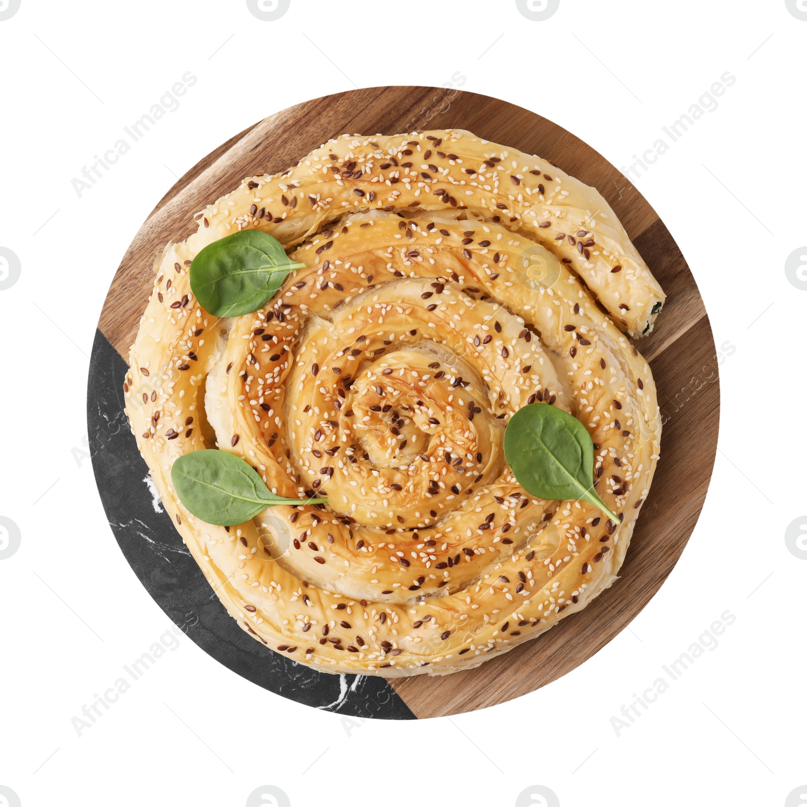 Photo of Delicious puff pastry with spinach isolated on white, top view