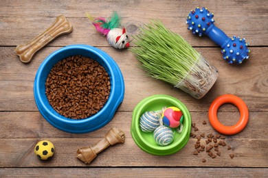 Flat lay composition with pet toys and food on wooden table