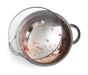 Photo of Dirty pot with lid on white background, top view