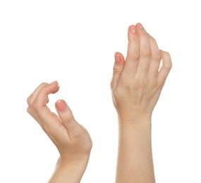 Photo of Freedom concept. Woman showing her hands on white background, closeup
