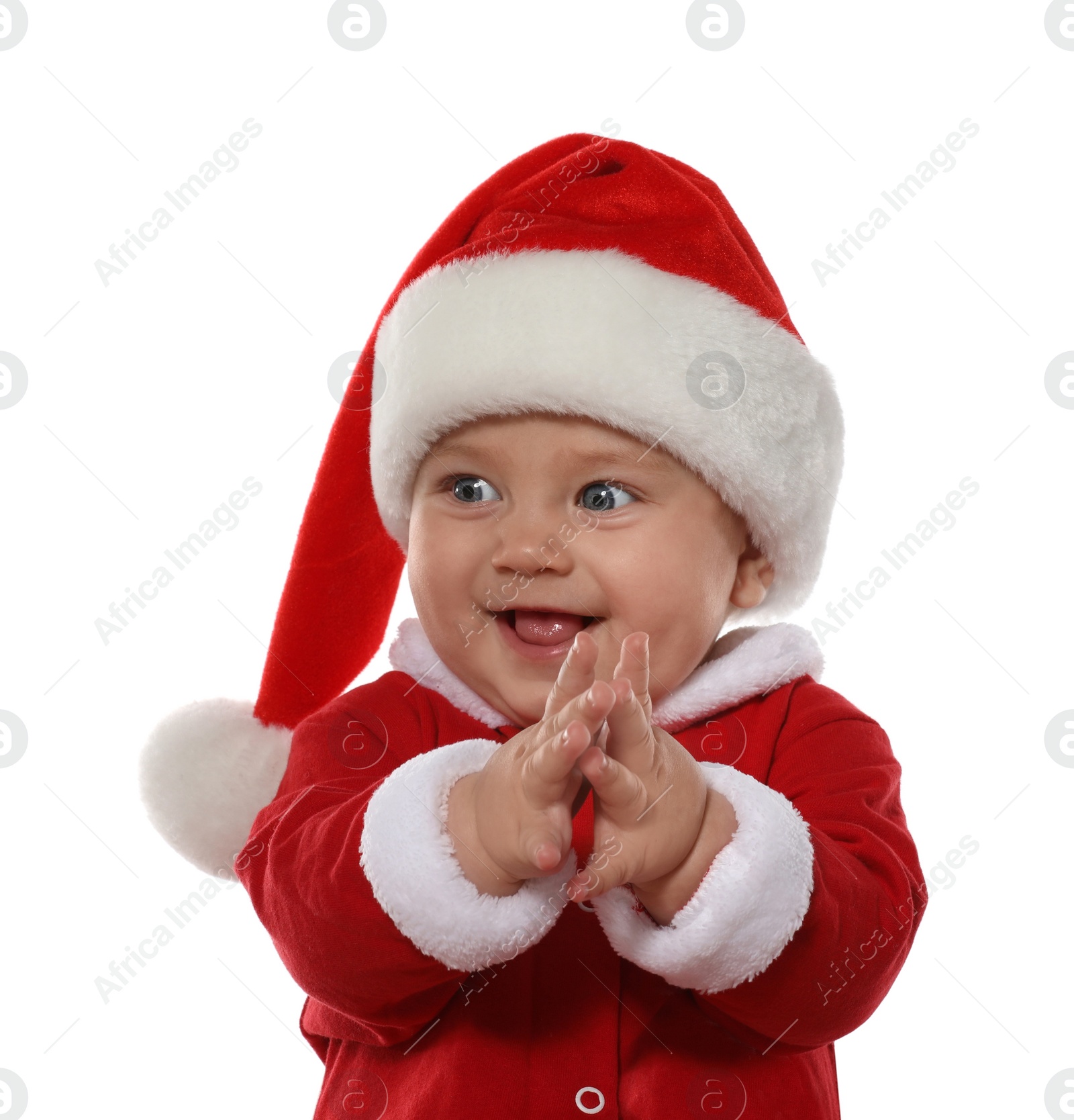 Photo of Cute baby in Christmas costume on white background