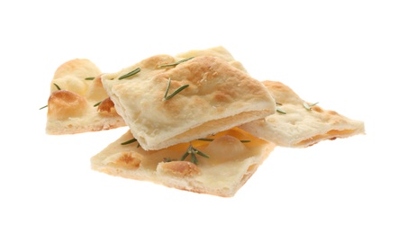 Slices of delicious focaccia bread on white background