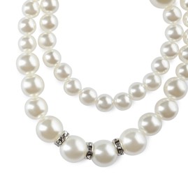 Photo of Elegant pearl necklace isolated on white, top view