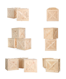 Image of Set of new wooden crates on white background