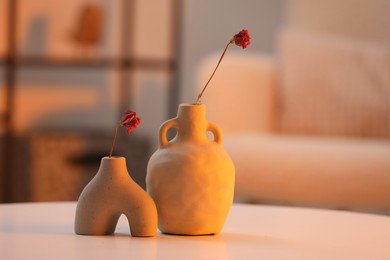 Photo of Vases with dried flowers on table in living room. Home-like cozy atmosphere at sunset