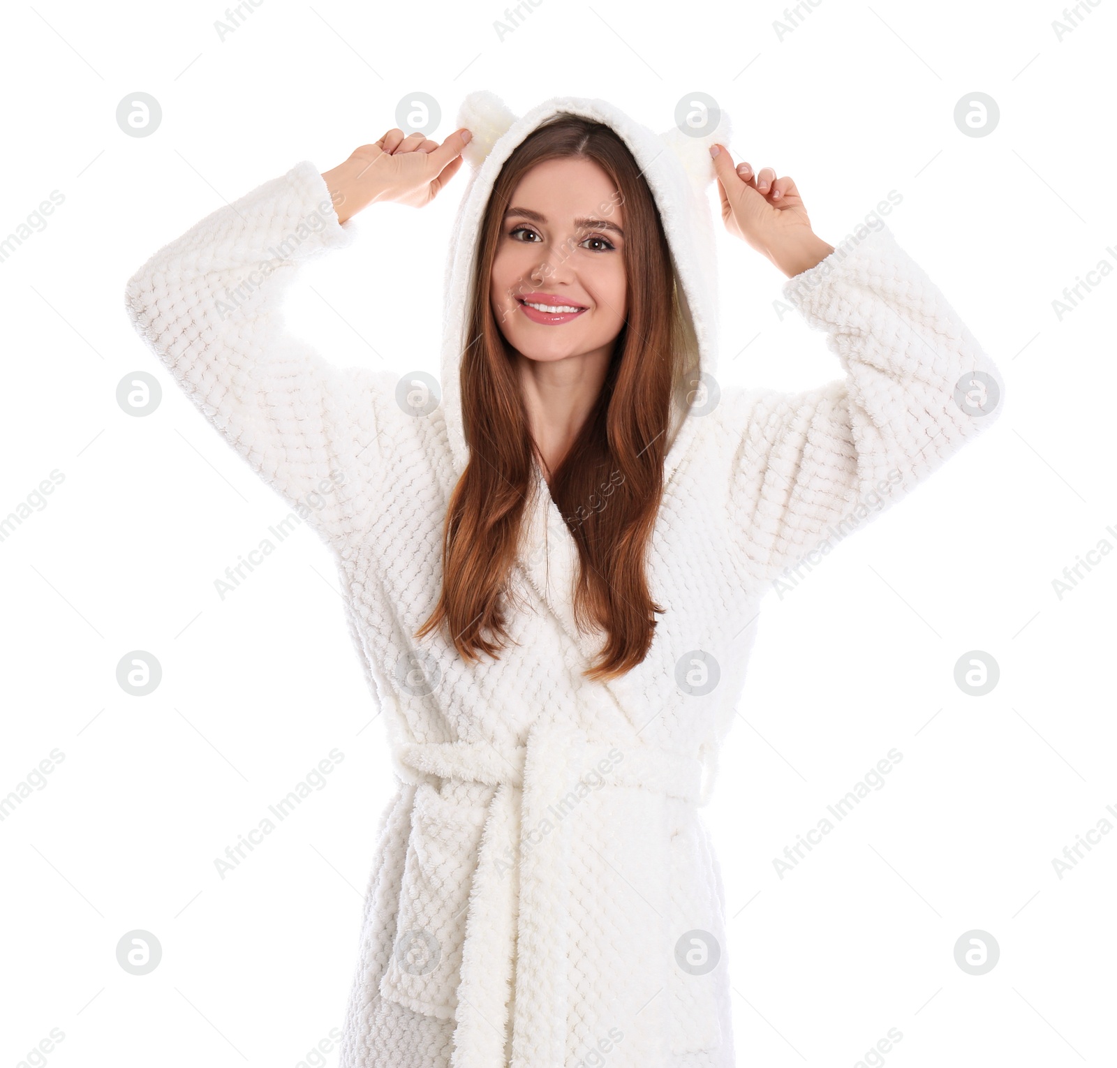 Photo of Young woman in bathrobe on white background