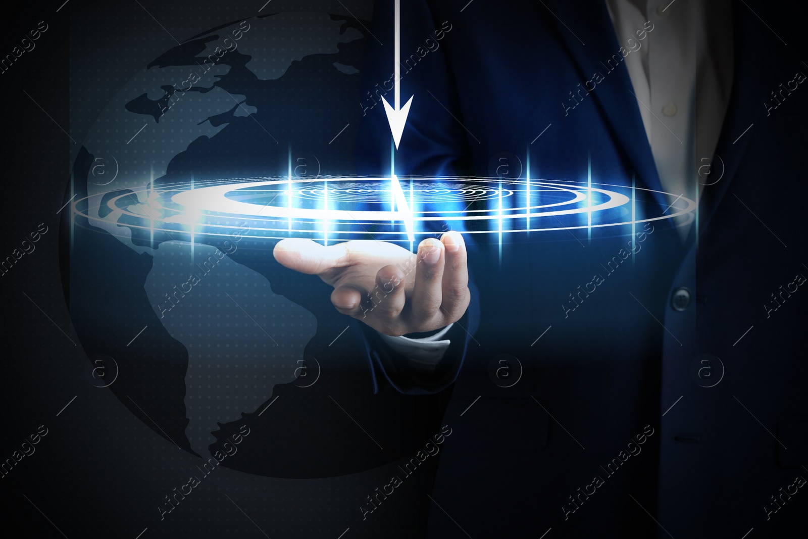 Image of Businessman holding digital target against dark background with globe illustration, closeup